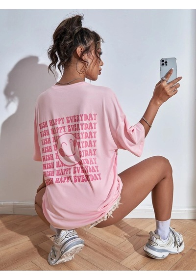 Flood Of Style Kadın Pembe Wish Happy Everyday Baskılı Oversize T-shirt
