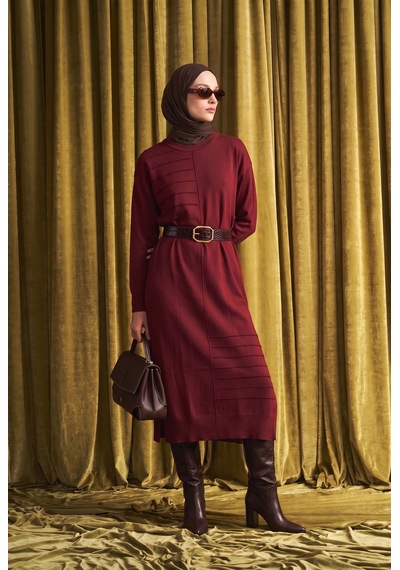 Armine Trend Asimetrik Pilise Detaylı Bisiklet Yaka Uzun Kollu Kemerli Elbise Bordo 26ktd912 Armine Trend Asimetrik Pilise Detaylı Bisiklet Yaka Uzun Kollu Kemerli Elbise Bordo 26ktd912