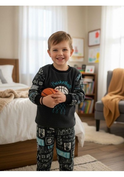 Zekids Erkek Çocuk Basketball Baskılı Polar Pijama Takımı-16815 Renklı