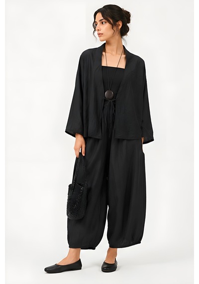 Lili Woman Kadın Siyah Krinkle Dokulu Oversize İkili Takım 50970