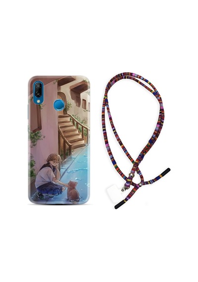 Huawei P20 Lite Kılıf Rasta Boyun Askılı Cat And Girl 1808