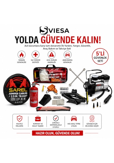 5 Li Araç Acil Durum Seti Kriko Takviye Kablosu Kompresör Bijon Anahtarı Trafik Seti Yangın Tüpü