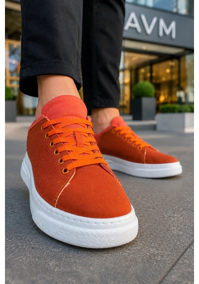 Mevese Ont Bağcıklı Keten Dokulu Hafif Taban Erkek Günlük Casual Sneaker Ayakkabı - Turuncu