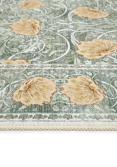 Cool Halı Daisy Mint Yeşili Yıkanabilir Çiçekli Bohem Dokuma Şönil Halı Rustik Tarz Vintage Halı Yeşil