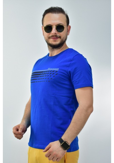 Escetic Erkek Saks Mavisi Slim Fit T-Shirt-3295