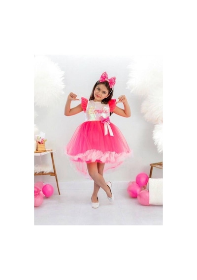 Cantoy Kız Çocuk Önü Kısa Arkası Uzun Taçlı Barbie Kostüm-15220 Pembe
