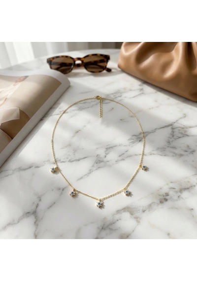 925 Ayar Gümüş Altın Kaplama Minimal Mavi Taşlı Çiçek Kolye Gold