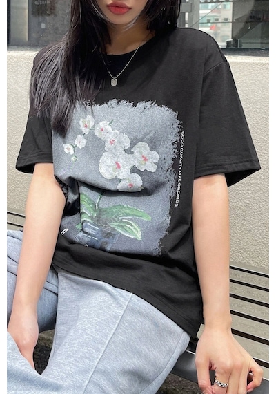 Unisex Orchid Baskılı Oversize Tshirt Siyah