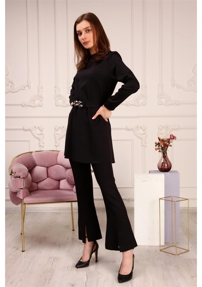 Bwest Zincir Kemerli Sade Basic Tunik Pantolon İkili Takım - 70007 - Siyah-458 Siyah
