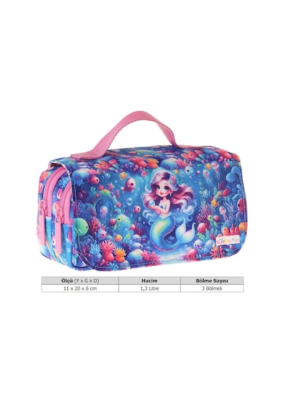 Kaukko Kids Taşıma Askılı Kız Çocuk Mercan Ve Denizkızı Baskılı Şık Kalem Çantası Pembe - Mavi - L5325