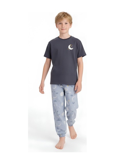 Modanino Erkek Çocuk %100 Pamuk Kumaş Pijama Takımı 8-13 Yaş 12712ıs Antrasit