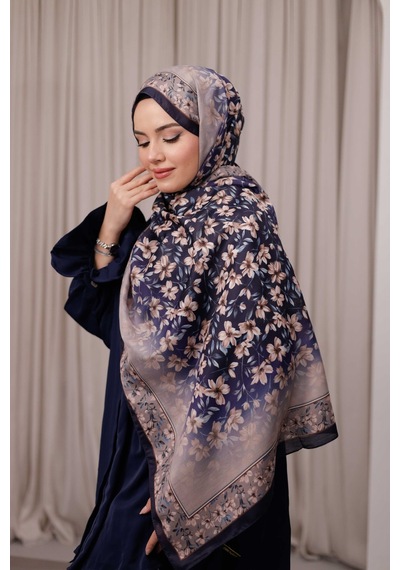 Mimiyum Flora Desen Soft Şal Lacivert Toprak Çok Renkli