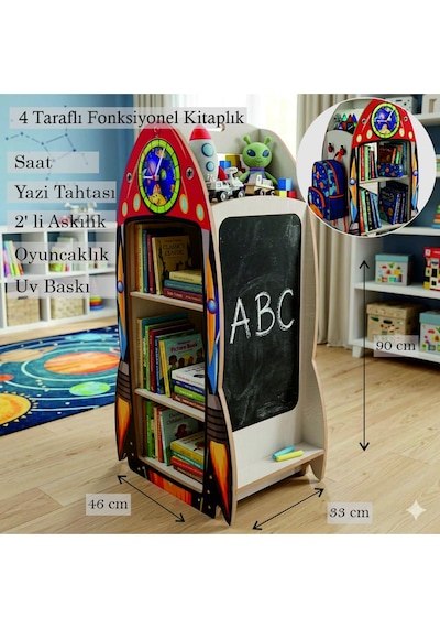 Roket Modelli Gerçek Saatli 4 Taraflı Yazı Tahtalı Askılıklı Montessori Kitaplık Ve Oyuncak Kutusu Demonte Çok Renkli