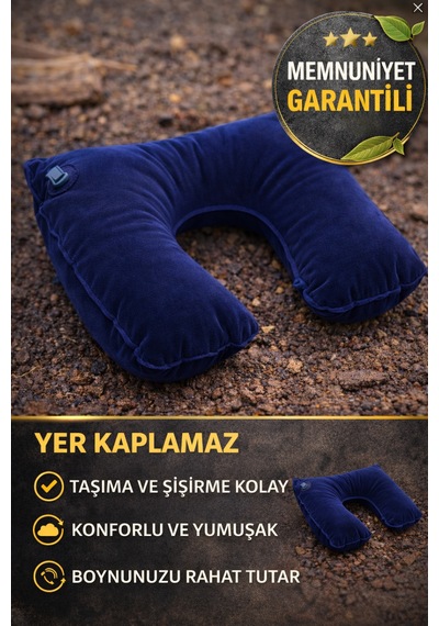 Lacivert Şişme Seyahat Boyun Yastığı Uçak Araç Kamp İçin Ergonomik Taşınabilir Travel Yastık