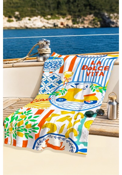 İtalyan Temalı Akdeniz Plaj Havlusu - Limonlu Marine Modern Hızlı Kuruyan Mikrofiber Havlu Uçuk Yakamoz