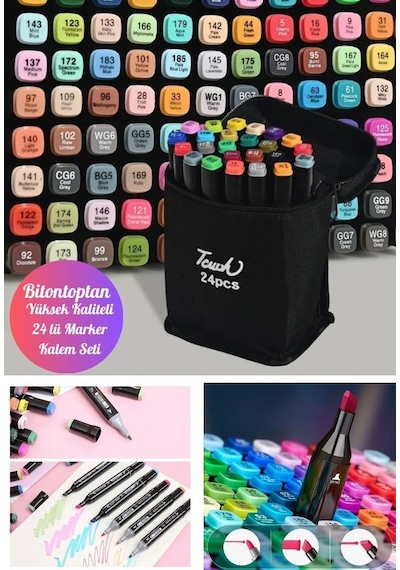 24 Lü Çift Tatraflı Marker Kalem Seti Resim Mimari Ve Grafik Tasarım Kalemi Yüksek Kalite Çok Renkli