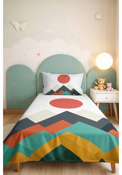 Geometrik Dağ Turkuaz Genç Odası Tek Kişilik Pike Takımı - Modern Gri Mercan 160x220 Cm Yatak Örtüsü Kadife Akşam Serabı