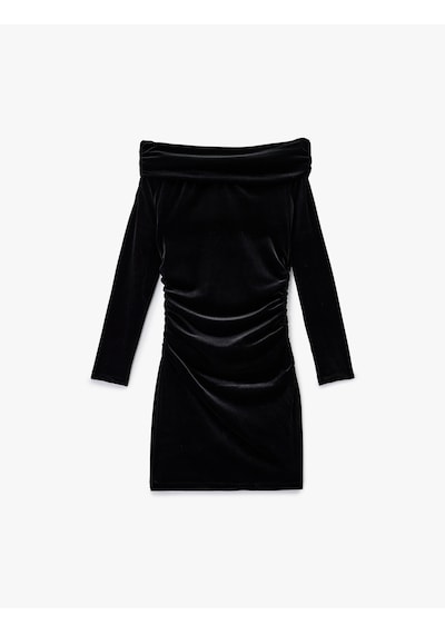 Koton Slim Fit Uzun Kollu Omzu Açık Madonna Yaka Mini Kadife Elbise Siyah 6wak80188ek Siyah