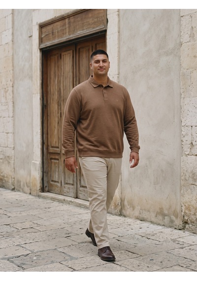 Maccali Erkek Açık Kahve Büyük Beden Polo Yaka Battal Sweatshirt