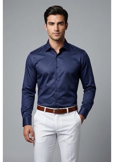 Torivalli Collection Dar Kesim Slimfit Saten Kolay Ütülenebilen Mevsimlik Cepsiz Uzun Kollu Kol Düğmesi Takılabilen Erkek Gömlek Lacivert