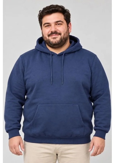 Suma Erkek Büyük Beden Üç İplik Şardonlu Kapüşonlu Kanguru Cepli Sweatshirt Lacivert