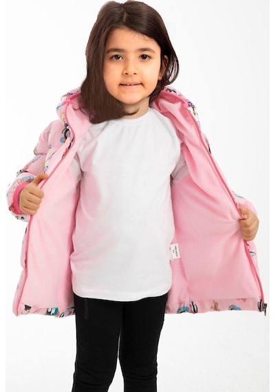 Kız Çocuk Polarlı Kapüşonlu Penguen Şeker Desenli Kışlık Şişme Mont & Kaban & Parka-40 Pembe