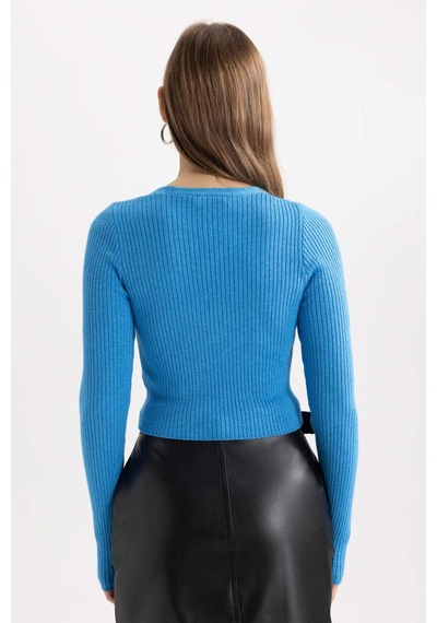 Defacto Coool Regular Fit Crop Düğmeli V Yaka Triko Hırka A2076AX23AUBE124 Mavi
