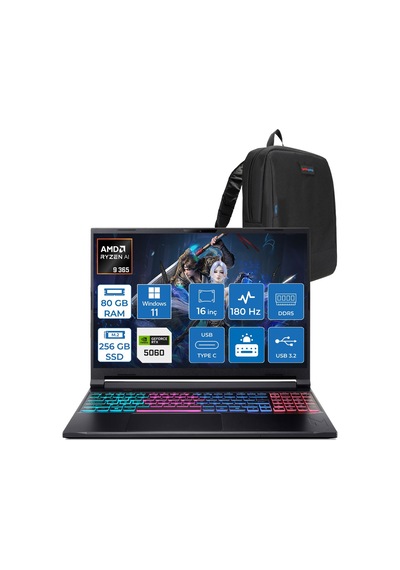 Acer Nitro 16S AI AN16S-61-R5E5 NH.QXUEY.001P21 Ryzen AI 9 365 80 GB 256 GB SSD RTX5060 16" W11P Dizüstü Bilgisayar + Çanta