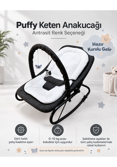 Puffy Keten Anakucağı - Hazır Kurulu Gelir- Sallanır - 4 Kademe - Anadizi Sabitlenebilir-antrasit