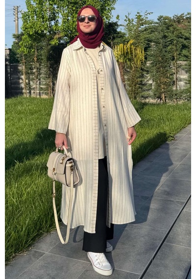 Rabia Şamlı Çizgili Natural Kap Siyah Normal