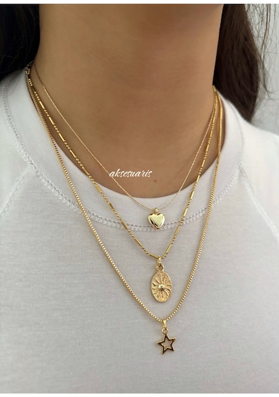 3'lü Desenli Zincirli Gold Kalp Yıldız Kadın Kolye Set Kombin Altın Altın