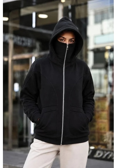DefyModa Maskeli Ninja Model Çift Kapüşonlu 3 İplik Şardonlu Fermuarlı Oversize Sweatshirt - Siyah