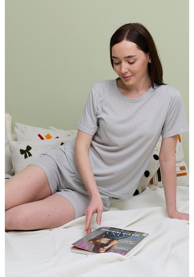 Fullamoda Çizgili Bisiklet Yaka Şortlu Pijama Takımı Gri