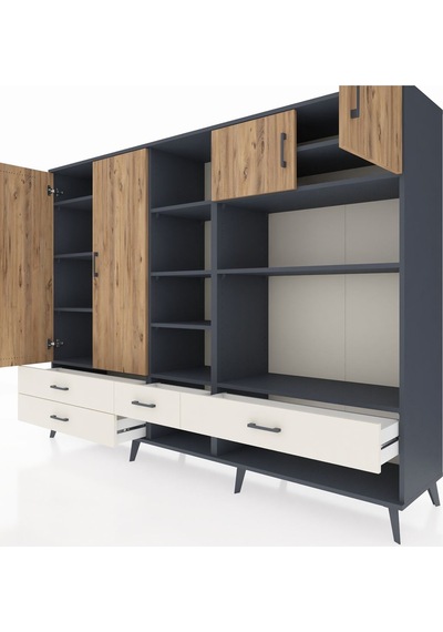 Hyperion Dolap 12 Raflı 4 Çekmeceli 4 Kapaklı 220x44x163 Antrasit Antrasit-çam/aytaşı