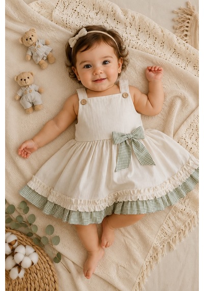 Mnk Baby & Kids Kız Bebek %100 Pamuklu Fiyonk Detaylı Elbise M00849 Krem
