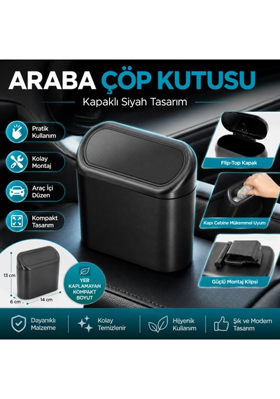 Araba Çöp Kutusu Kapaklı Siyah Araç İçi Pratik Ve Kompakt Çöp Kovası 1