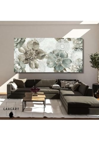 Panoramik Kanvas Duvar Tablosu Desenli Fonda Geniş Çiçekler, 120 X 60