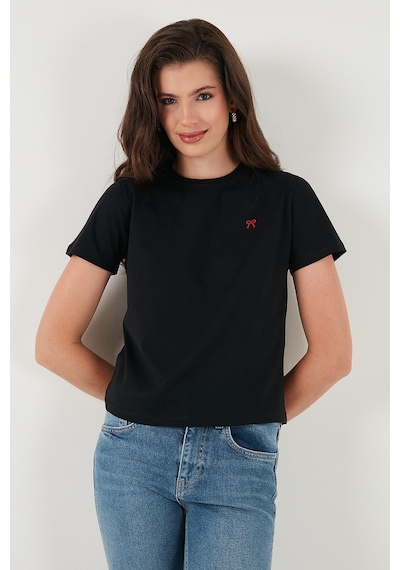 Lela Pamuklu Slim Fit Bisiklet Yaka Minimal Işleme Detaylı Bayan T Shirt 5866398 Siyah