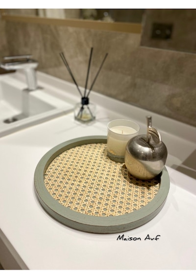 Rattan Hazeran Yuvarlak Tepsi Ihlamur Yeşili Eskitme Model %100 Doğal Hazeran M044