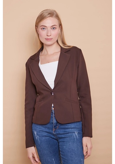 Yakalı Flato Cepli Uzun Kol Pamuklu Kumaş Kısa Blazer Ofis Ceket -kahve Kahve