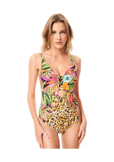 Kadın Bonesta Swimwear Leopar Desenli Pencere Detaylı Mayokini Çok Renkli
