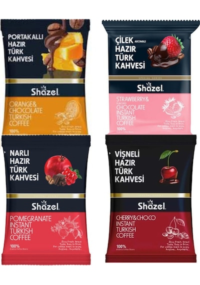 Shazel Hazır Türk Kahve Seti Portakallı Vişneli Çilekli Narlı 4 X 100 G 4 Lü Set Türk Kahvesi