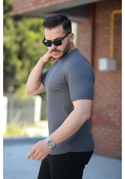 Erkek Bisiklet Yaka Örgü Desenli Kısa Örme Triko Kısa Kollu T-shirt Füme