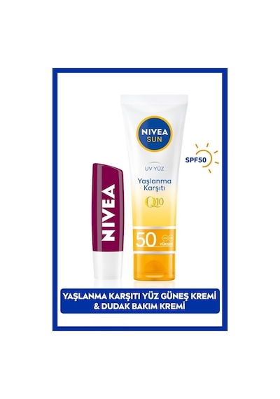 Nivea Sun Q10  Güneş Koruyucu Yüz Kremi SPF50 50 ML + Böğürtlen Dudak Bakım Kremi 4.8 G