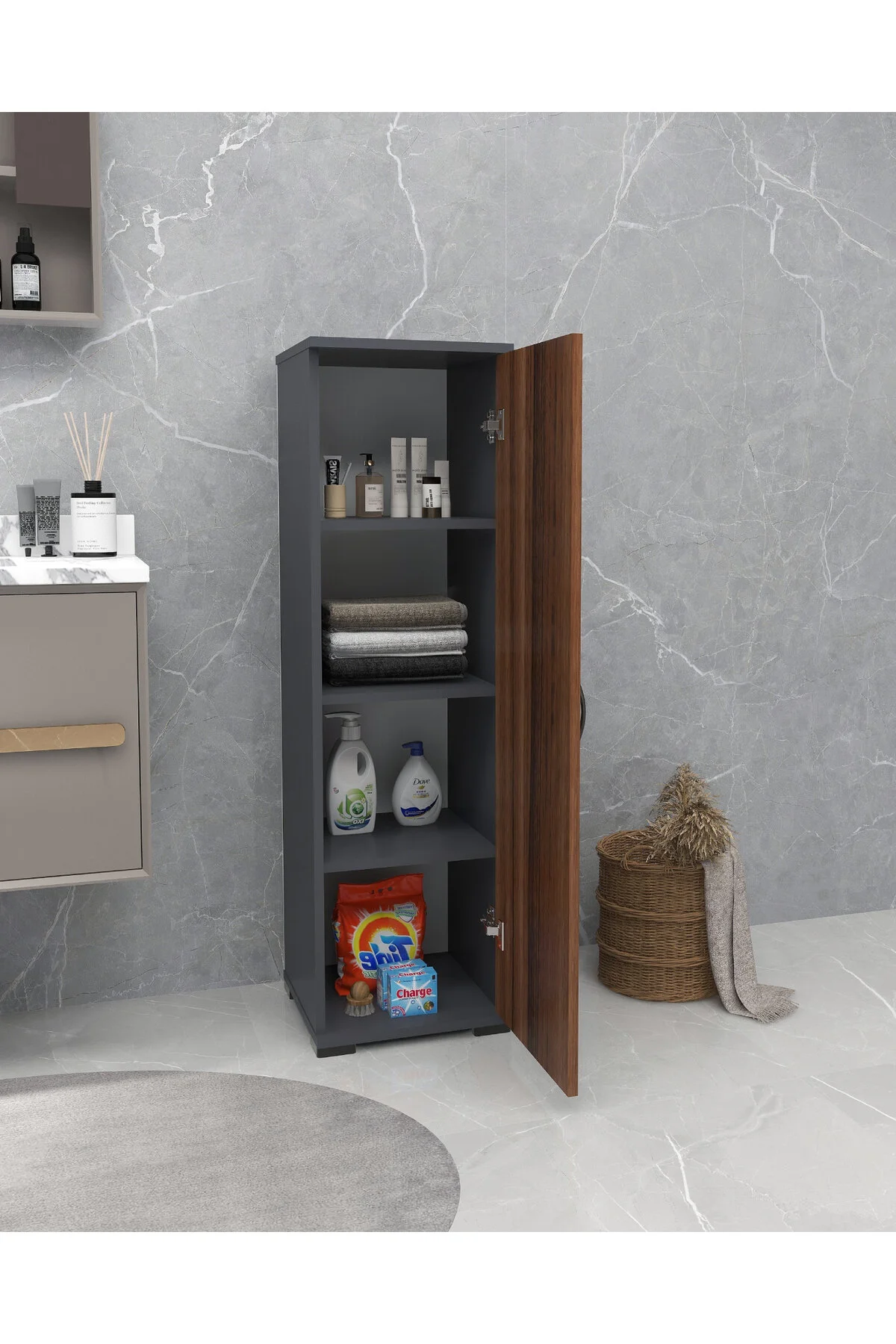 Çok Amaçlı Membran Kapaklı Dolap Mutfak Dolabı Kiler Dolabı Tek Kapaklı Çok Amaçlı Banyo Dolabı Antrasit - Ceviz