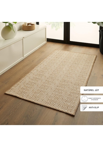 Ocean Home Textile Ekru Renk Karo Desenli Jüt Halı Kilim 80 X 150 Cm