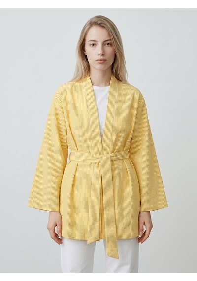 Saade Sââde Kadın Dikey Çizgili Geniş Kollu Şık Yazlık Relaxed Kimono Sarı