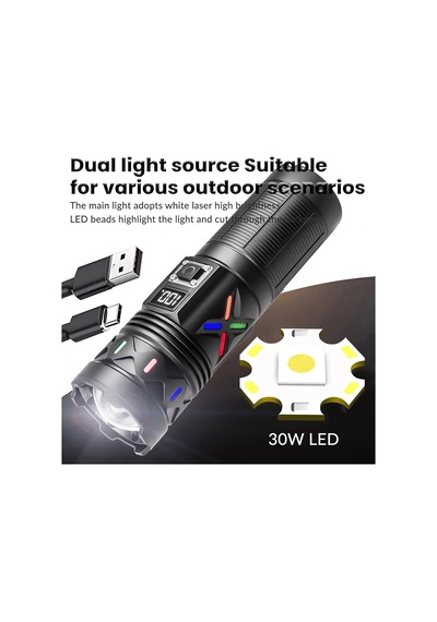 Bd-5 30w Tg Led Alüminyum Alaşımlı Zoomlu Type-c Dijital Göstergeli Şarjlı El Feneri
