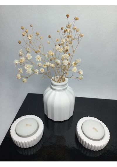İnce Çizgili Vazo - Modern & Minimal Dekoratif Obje, Salon Ve Ofis Çiçeklik, Beyaz Beyaz