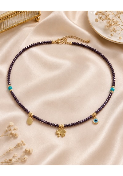 Mystic Nazar Mor Kristal Görünümlü Boncuklu, Turkuaz Detaylı Yonca Ve Nazar Charm Kadın Choker Kolye Renkli Mystic Nazar Mor Kristal Görünümlü Boncuklu, Turkuaz Detaylı Yonca Ve Nazar Charm Kadın Choker Kolye Renkli